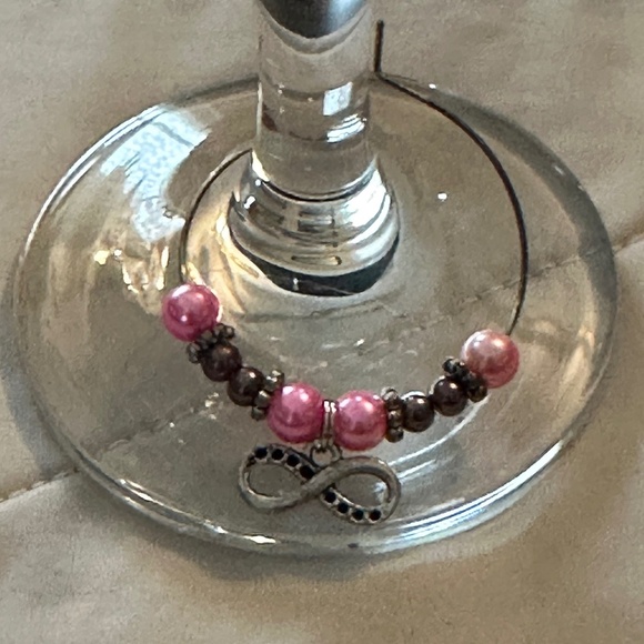 3/$15 Wine glass tag stainless steel hoop, pink & mocha beads infinity charm - Picture 7 of 12